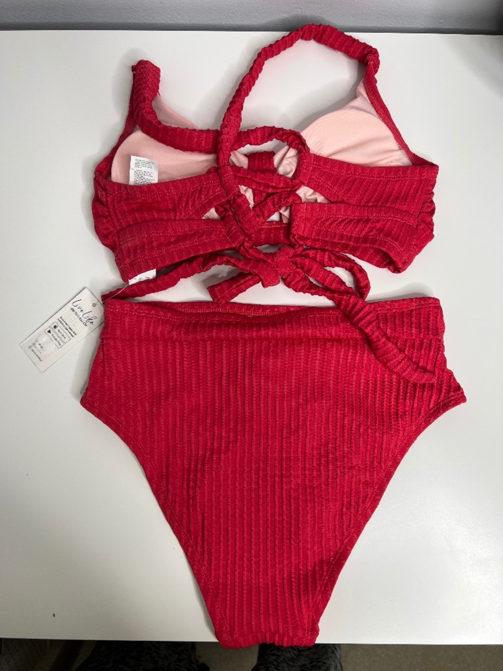 NWT Cupshe Raspberry Pink Ribbed DD+ High Waisted Bikini Set S-DD / Small - Picture 3 of 7
